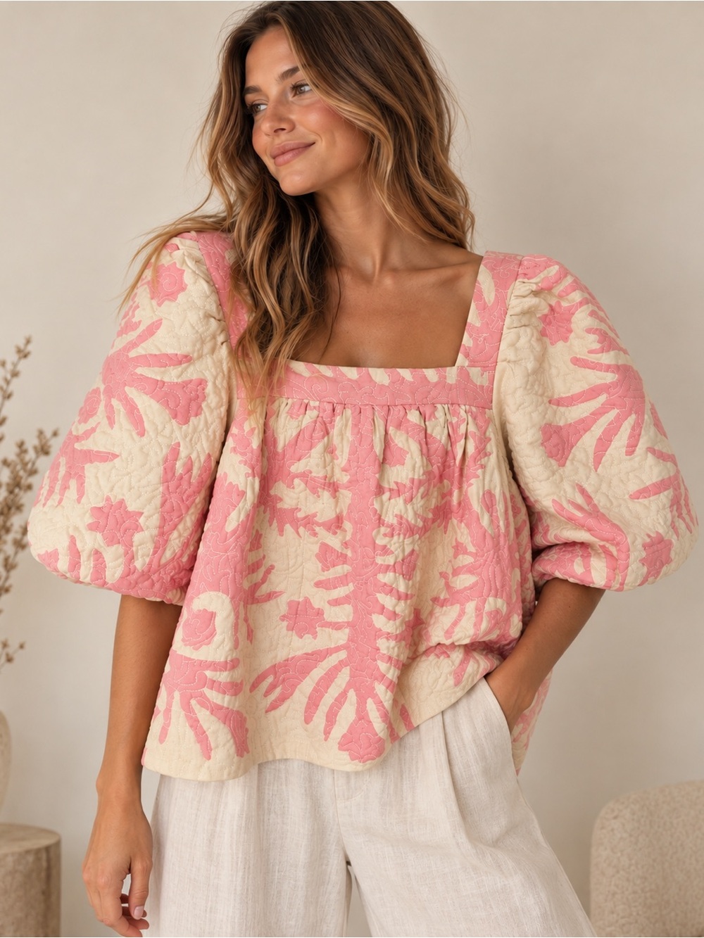 Sea New York Pink Cream Quilted Puff Sleeve Top Blouse